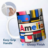 Personalized Custom Name Bauhaus Inspired Abstract Lines Shapes Graphic Seamless Pattern 11oz Ceramic Coffee Tea Mug White Large Handle