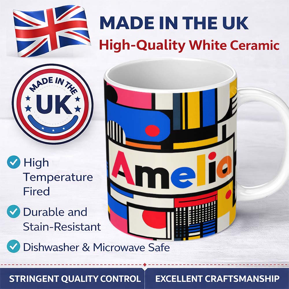 Personalized Custom Name Bauhaus Inspired Abstract Lines Shapes Graphic Seamless Pattern 11oz Ceramic Coffee Tea Mug White Large Handle