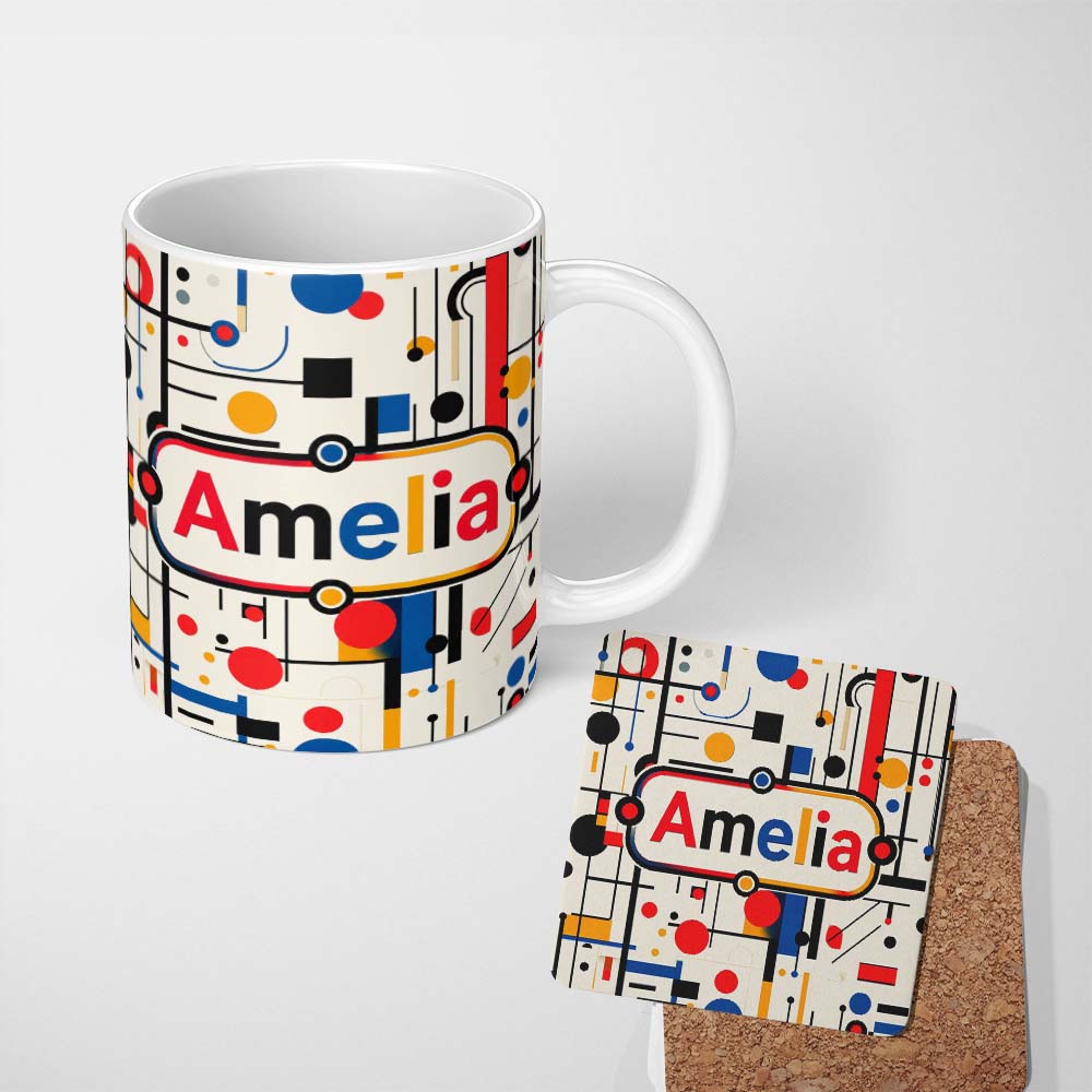 Personalized Custom Name Abstract Bauhaus Lines Circles and Shapes Seamless Pattern Name Cute 11oz Ceramic Coffee Tea Mug White Large Handle