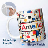 Personalized Custom Name Abstract Bauhaus Lines Circles and Shapes Seamless Pattern Name Cute 11oz Ceramic Coffee Tea Mug White Large Handle