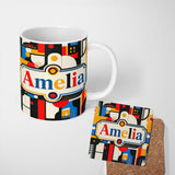 Personalized Custom Name Bold Geometric Abstract Blocks and Circles Modern Seamless Pattern 11oz Ceramic Coffee Tea Mug White Large Handle