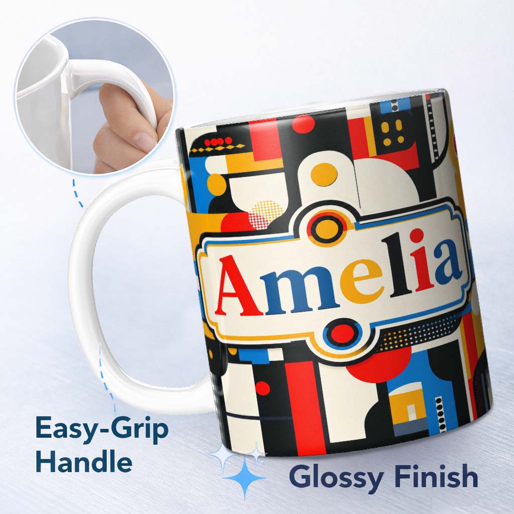 Personalized Custom Name Bold Geometric Abstract Blocks and Circles Modern Seamless Pattern 11oz Ceramic Coffee Tea Mug White Large Handle