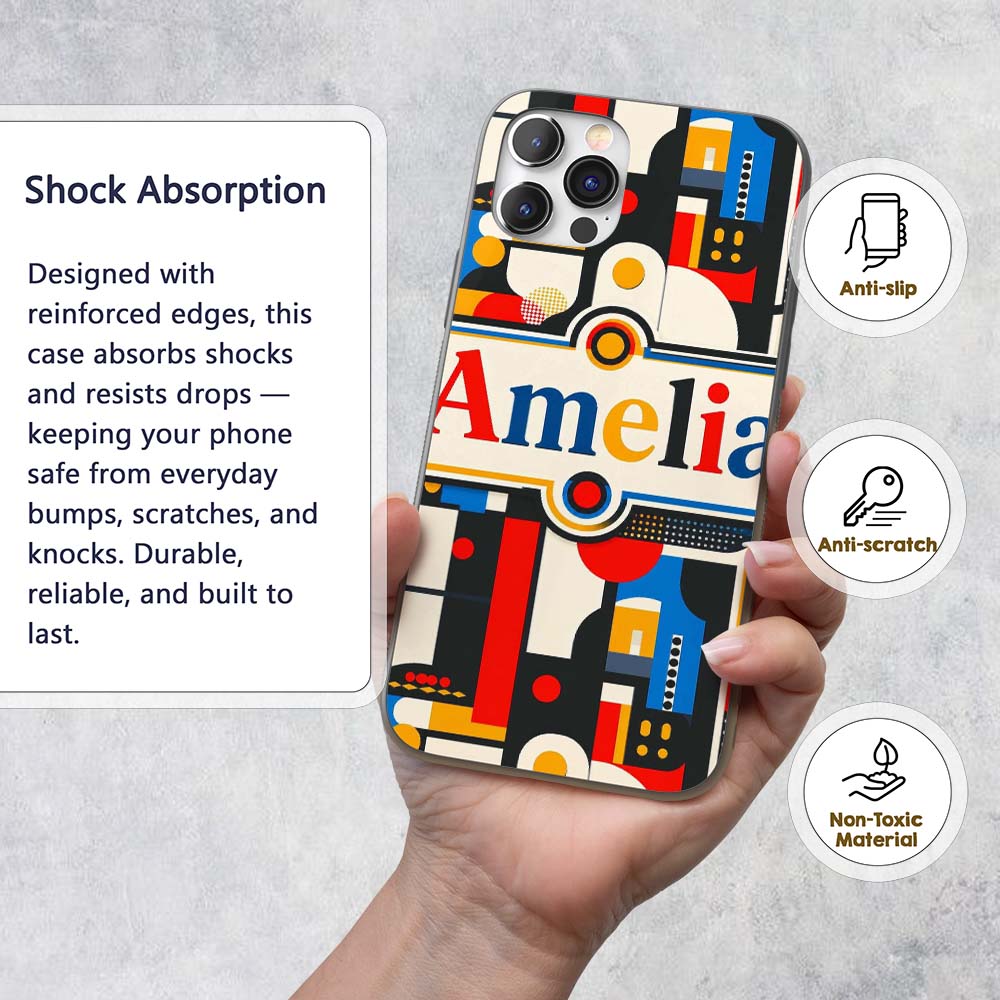 Bold Geometric Abstract Blocks and Circles Modern Custom Name Protective Phone Case Mobile Cover Durable Everyday Smartphone Shock Resistant