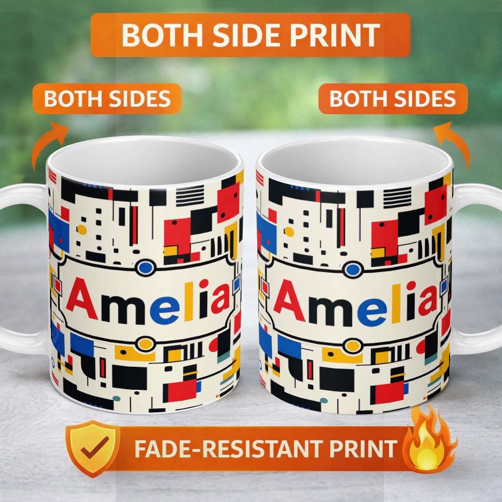 Personalized Custom Name Minimal Abstract Grid Shapes Primary Colors Seamless Pattern Name 11oz Ceramic Coffee Tea Mug White Large Handle