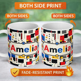 Personalized Custom Name Minimal Abstract Grid Shapes Primary Colors Seamless Pattern Name 11oz Ceramic Coffee Tea Mug White Large Handle