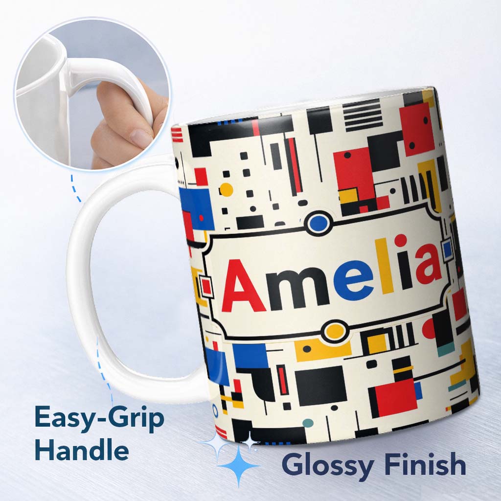 Personalized Custom Name Minimal Abstract Grid Shapes Primary Colors Seamless Pattern Name 11oz Ceramic Coffee Tea Mug White Large Handle