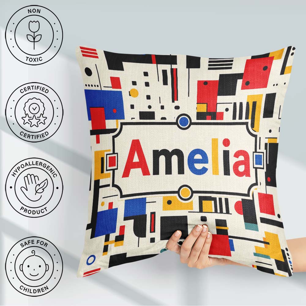 Custom Name Minimal Abstract Grid Shapes Primary Colors Seamless Square Filled Cushion Throw Pillow Sofa Bed Home Decor Zip Washable UK Made