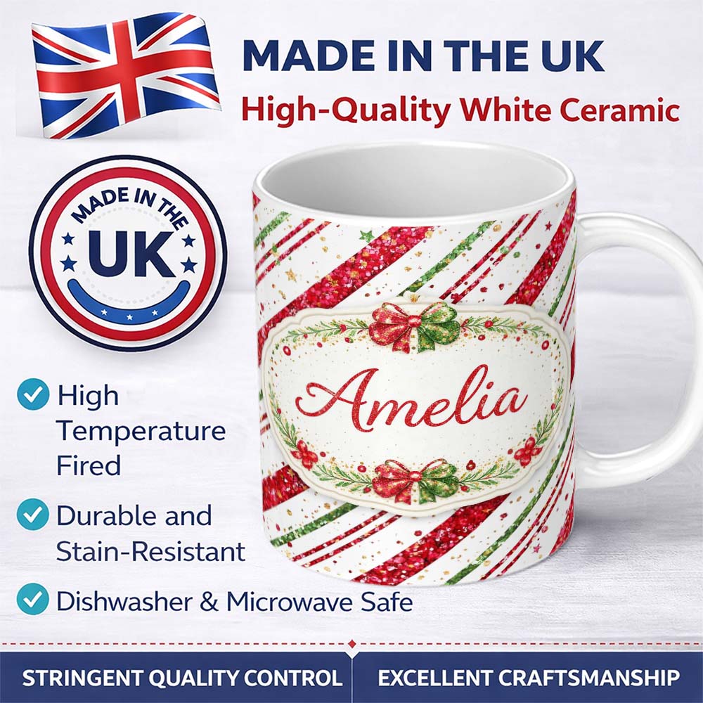 Personalized Custom Name Red Green Glitter Stripe Christmas Pattern Festive Seamless Design 11oz Ceramic Coffee Tea Mug White Large Handle