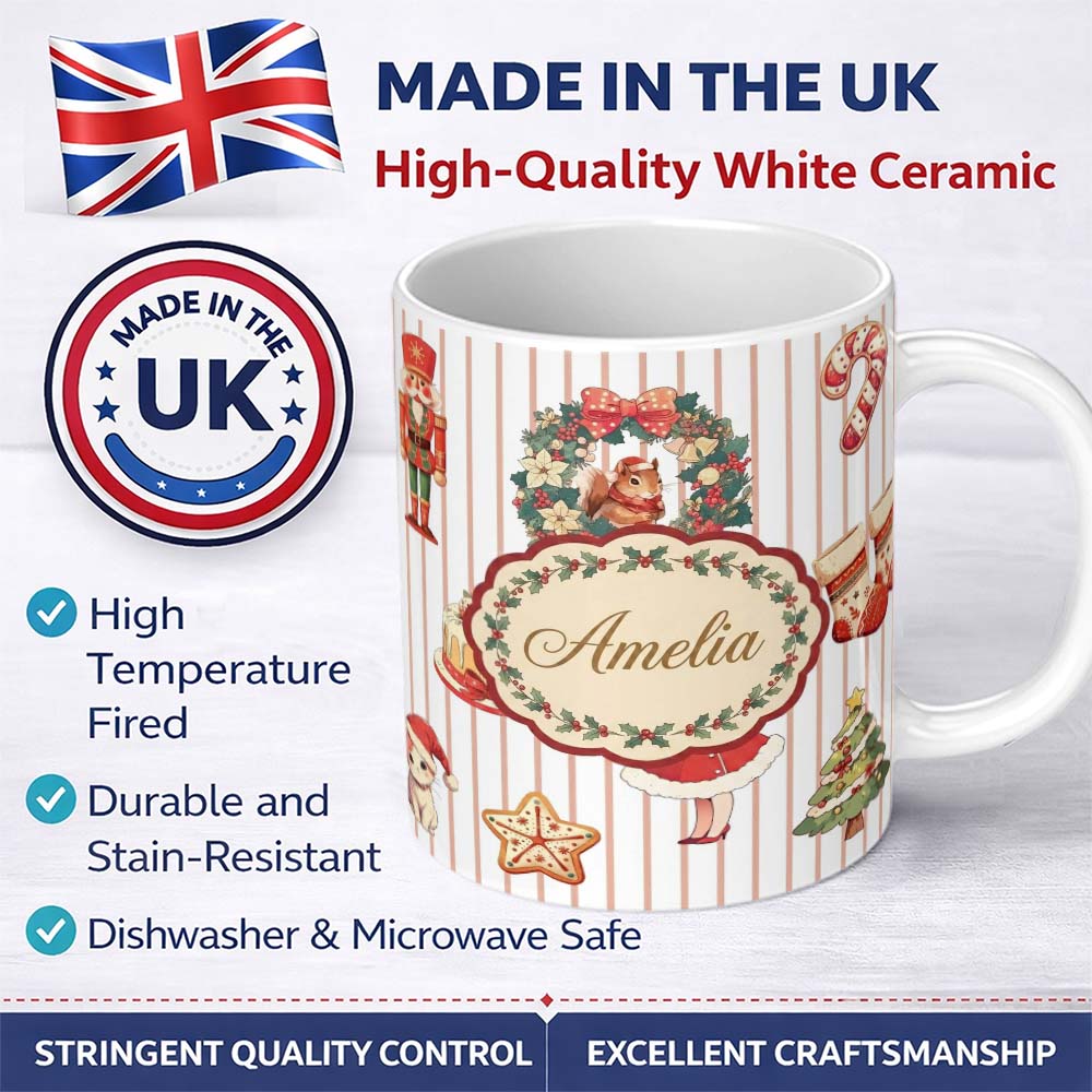 Personalized Custom Name Christmas Nutcracker Squirrel Cake Candy Cane Girl Tree Beige Stripe 11oz Ceramic Coffee Tea Mug White Large Handle