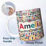 Personalized Custom Name Colorful Mosaic Squares Irregular Grid Modern Seamless Pattern Name 11oz Ceramic Coffee Tea Mug White Large Handle