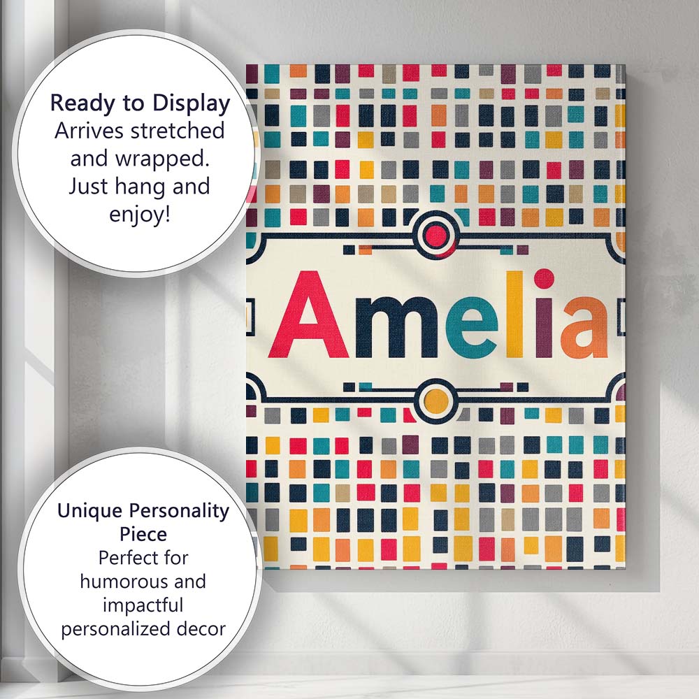 Personalised Name Colorful Mosaic Squares Custom  Unique Gift Idea Elegant Feature Canvas Wall Art Print Decor Picture Ready to Hang