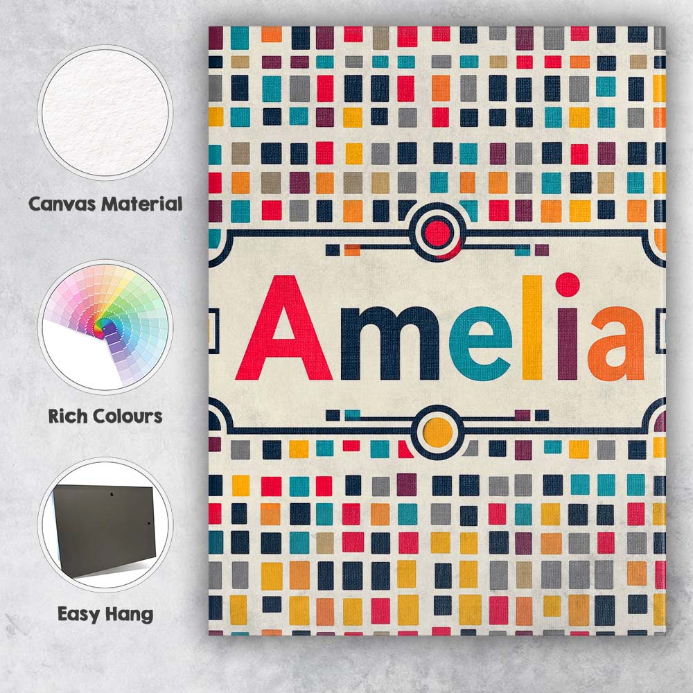 Personalised Name Colorful Mosaic Squares Custom  Unique Gift Idea Elegant Feature Canvas Wall Art Print Decor Picture Ready to Hang