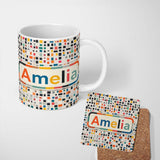 Personalized Custom Name Small Multicolor Tile Squares Dense Abstract Seamless Pattern Name 11oz Ceramic Coffee Tea Mug White Large Handle
