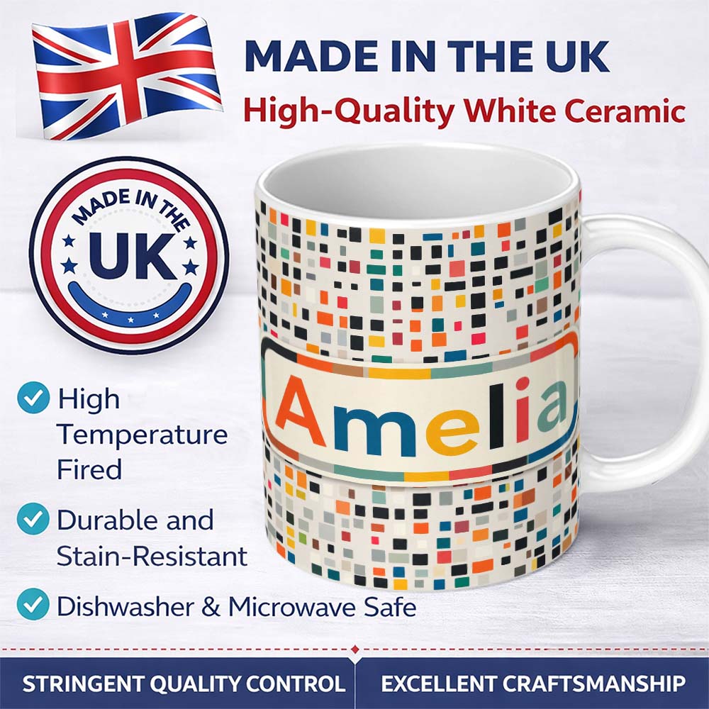 Personalized Custom Name Small Multicolor Tile Squares Dense Abstract Seamless Pattern Name 11oz Ceramic Coffee Tea Mug White Large Handle