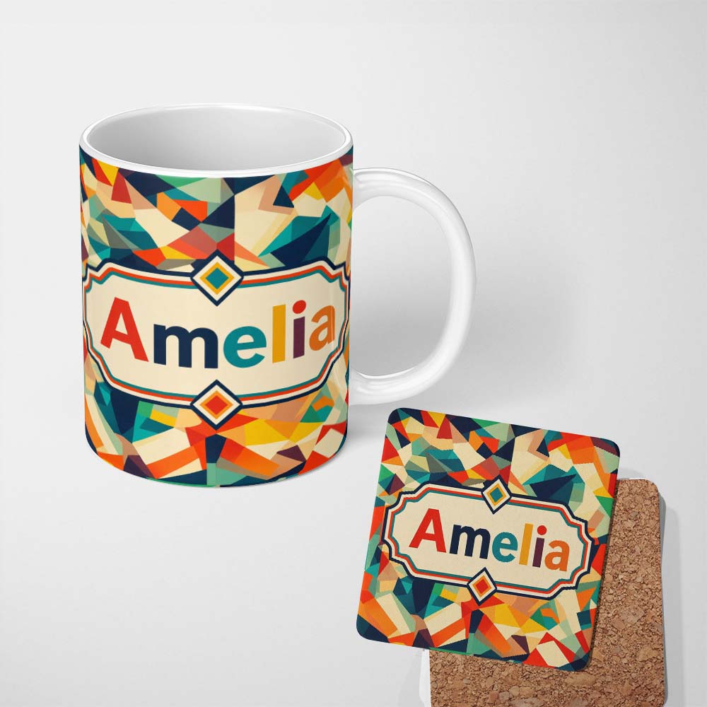 Personalized Custom Name Vibrant Low Poly Abstract Triangles Colorful Seamless Pattern Name 11oz Ceramic Coffee Tea Mug White Large Handle