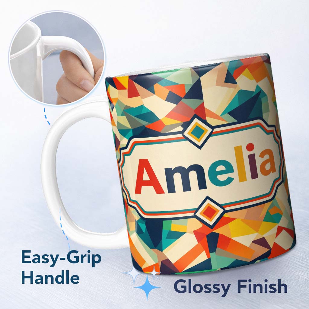Personalized Custom Name Vibrant Low Poly Abstract Triangles Colorful Seamless Pattern Name 11oz Ceramic Coffee Tea Mug White Large Handle