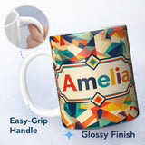 Personalized Custom Name Vibrant Low Poly Abstract Triangles Colorful Seamless Pattern Name 11oz Ceramic Coffee Tea Mug White Large Handle
