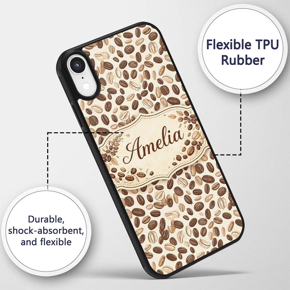 Coffee Beans Minimal Tan Background Seamless Custom Name Protective Phone Case Mobile Cover Durable Everyday Smartphone Shock Resistant