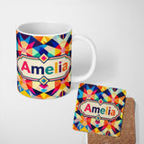 Personalized Custom Name Geometric Star Pattern Bright Symmetry Kaleidoscope Seamless Name 11oz Ceramic Coffee Tea Mug White Large Handle