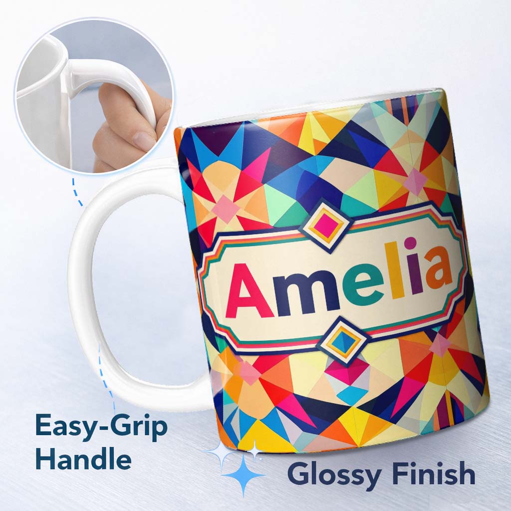 Personalized Custom Name Geometric Star Pattern Bright Symmetry Kaleidoscope Seamless Name 11oz Ceramic Coffee Tea Mug White Large Handle