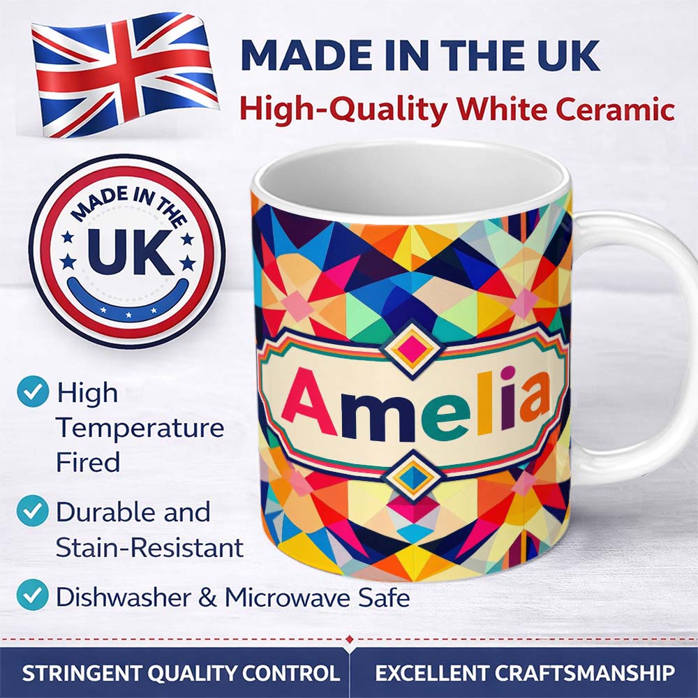 Personalized Custom Name Geometric Star Pattern Bright Symmetry Kaleidoscope Seamless Name 11oz Ceramic Coffee Tea Mug White Large Handle