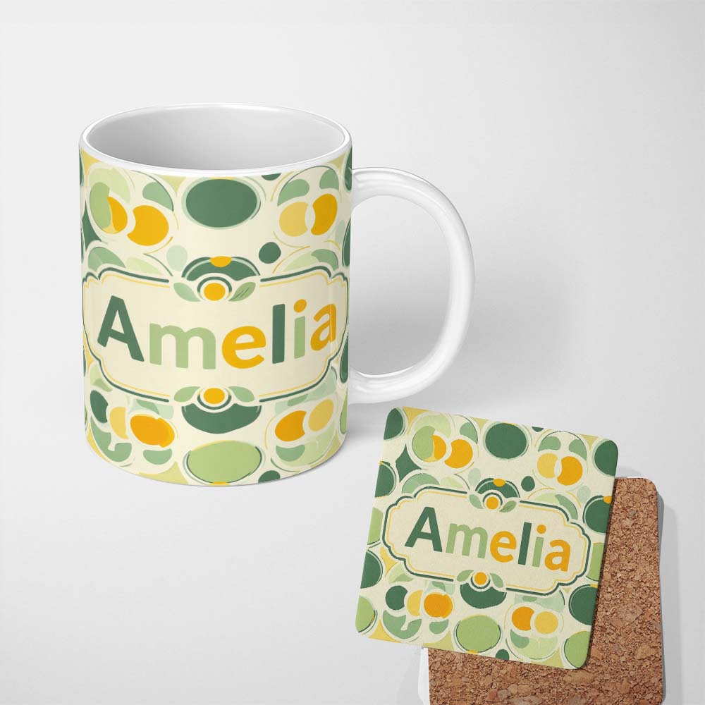 Personalized Custom Name Soft Green Organic Shapes Abstract Botanical Seamless Pattern Name 11oz Ceramic Coffee Tea Mug White Large Handle