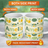 Personalized Custom Name Soft Green Organic Shapes Abstract Botanical Seamless Pattern Name 11oz Ceramic Coffee Tea Mug White Large Handle