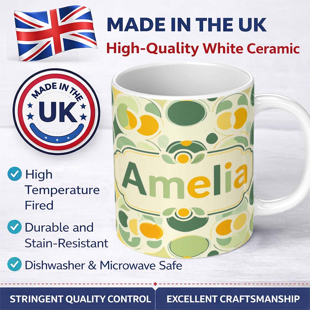 Personalized Custom Name Soft Green Organic Shapes Abstract Botanical Seamless Pattern Name 11oz Ceramic Coffee Tea Mug White Large Handle