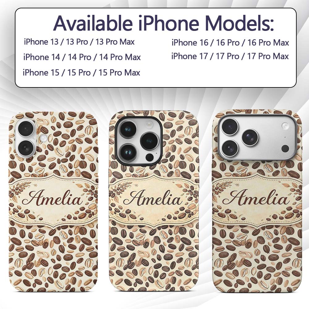 Coffee Beans Minimal Tan Background Seamless Custom Name Protective Phone Case Mobile Cover Durable Everyday Smartphone Shock Resistant