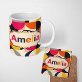 Personalized Custom Name Bold Mid Century Abstract Curved Shapes Color Block Seamless 11oz Ceramic Coffee Tea Mug White Large Handle