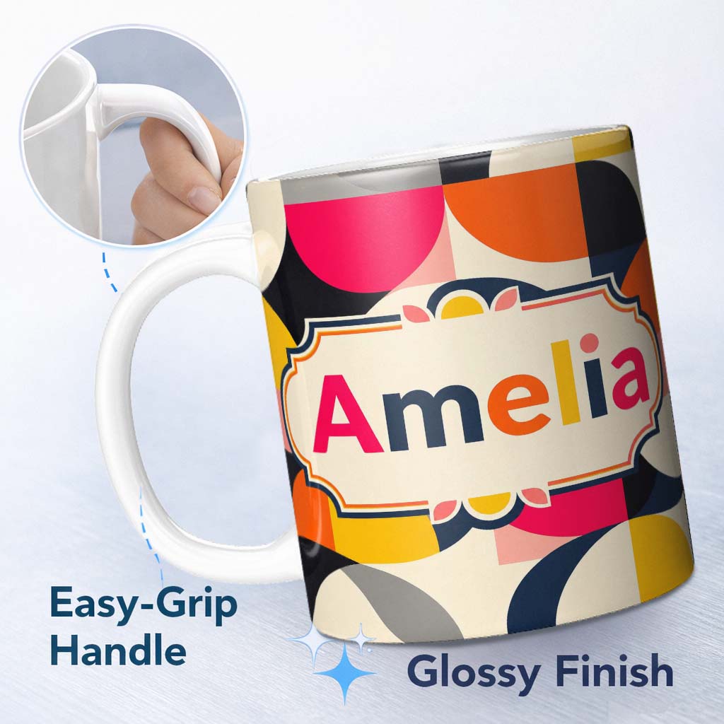 Personalized Custom Name Bold Mid Century Abstract Curved Shapes Color Block Seamless 11oz Ceramic Coffee Tea Mug White Large Handle