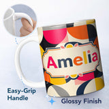 Personalized Custom Name Bold Mid Century Abstract Curved Shapes Color Block Seamless 11oz Ceramic Coffee Tea Mug White Large Handle