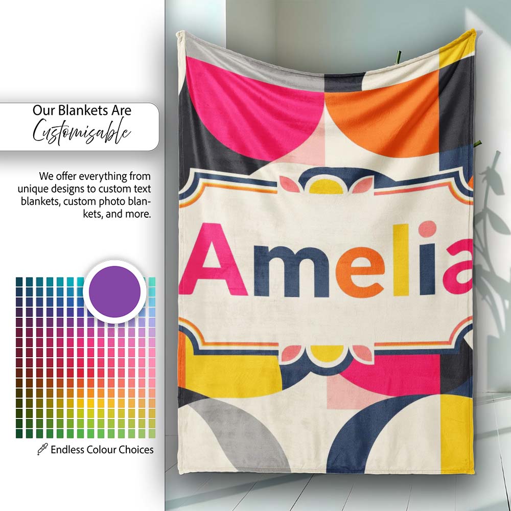 Bold Mid Century Abstract Curved Shapes Color Block Seamless  Personalised Custom Name Super Soft Fleece Blanket Bed Sofa Throw