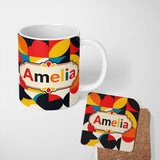 Personalized Custom Name Colorful Abstract Petal Shapes Geometric Floral Seamless Pattern 11oz Ceramic Coffee Tea Mug White Large Handle