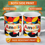 Personalized Custom Name Colorful Abstract Petal Shapes Geometric Floral Seamless Pattern 11oz Ceramic Coffee Tea Mug White Large Handle