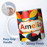 Personalized Custom Name Colorful Abstract Petal Shapes Geometric Floral Seamless Pattern 11oz Ceramic Coffee Tea Mug White Large Handle