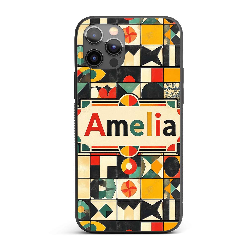 Vintage Geometric Tile Mosaic Abstract Pattern Custom Name Protective Phone Case Mobile Cover Durable Everyday Smartphone Shock Resistant