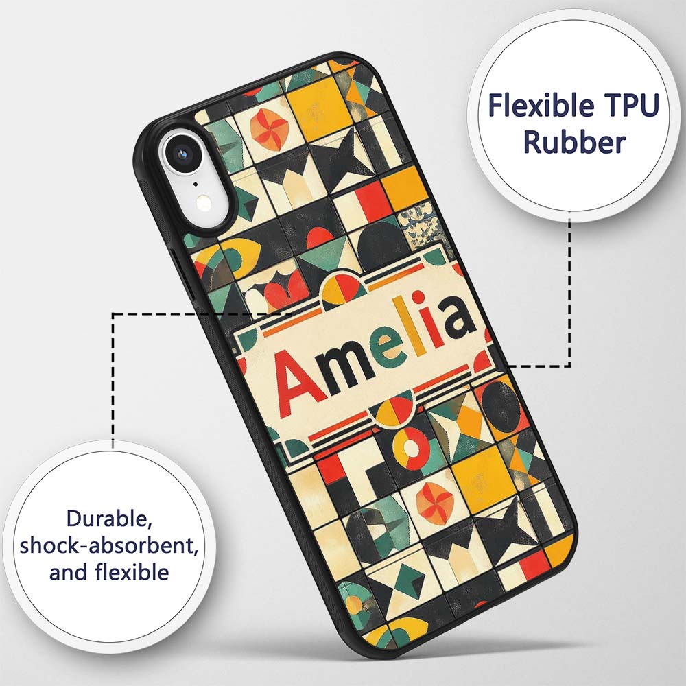 Vintage Geometric Tile Mosaic Abstract Pattern Custom Name Protective Phone Case Mobile Cover Durable Everyday Smartphone Shock Resistant