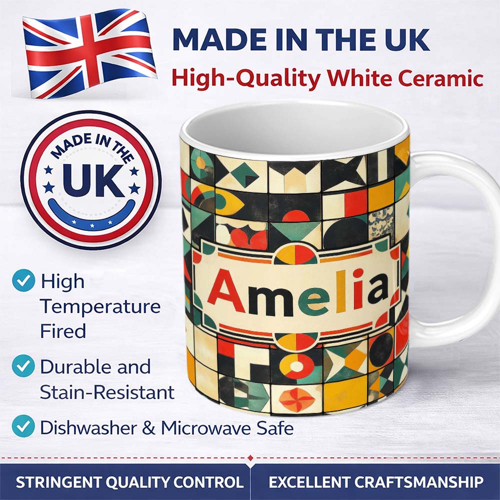 Personalized Custom Name Vintage Geometric Tile Mosaic Abstract Pattern Seamless Name Cute 11oz Ceramic Coffee Tea Mug White Large Handle