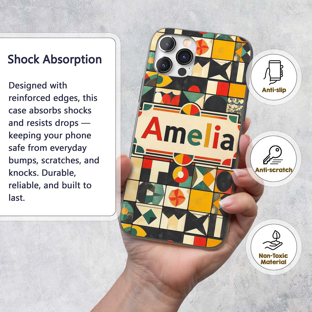 Vintage Geometric Tile Mosaic Abstract Pattern Custom Name Protective Phone Case Mobile Cover Durable Everyday Smartphone Shock Resistant