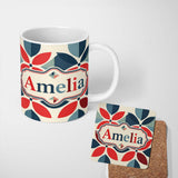Personalized Custom Name Floral Petal Shapes Bold Color Seamless Pattern Name Cute Unique 11oz Ceramic Coffee Tea Mug White Large Handle