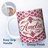 Personalized Custom Name Stylish Pink Art Deco Fan Motif Seamless Pattern Cute Unique Gift 11oz Ceramic Coffee Tea Mug White Large Handle