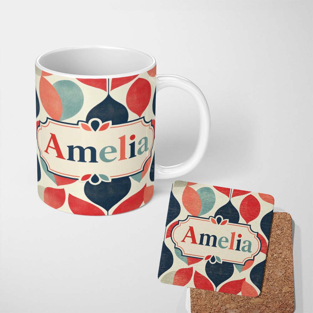 Personalized Custom Name Textured Leaf Organic Shapes Scandinavian Style Seamless Pattern 11oz Ceramic Coffee Tea Mug White Large Handle