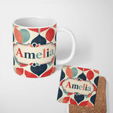 Personalized Custom Name Textured Leaf Organic Shapes Scandinavian Style Seamless Pattern 11oz Ceramic Coffee Tea Mug White Large Handle
