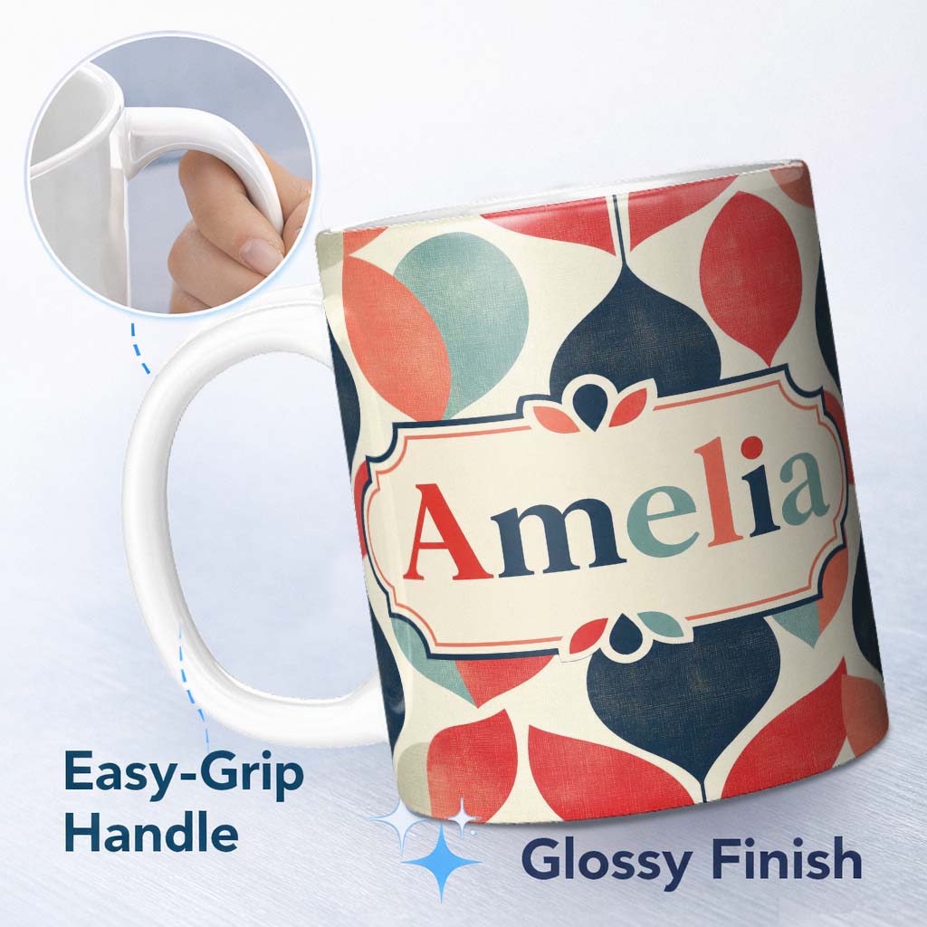 Personalized Custom Name Textured Leaf Organic Shapes Scandinavian Style Seamless Pattern 11oz Ceramic Coffee Tea Mug White Large Handle