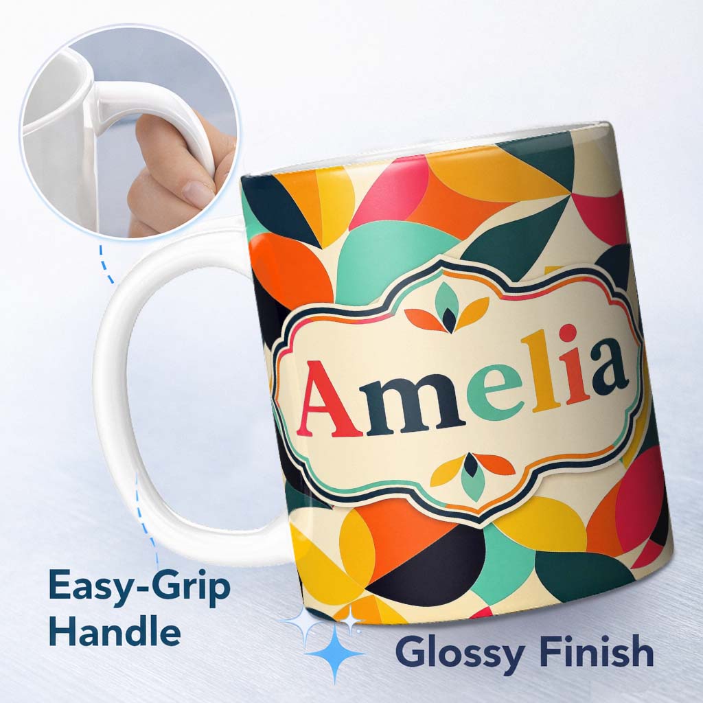 Personalized Custom Name Abstract Organic Leaf Shapes Mid Century Modern Seamless Pattern 11oz Ceramic Coffee Tea Mug White Large Handle