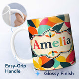 Personalized Custom Name Abstract Organic Leaf Shapes Mid Century Modern Seamless Pattern 11oz Ceramic Coffee Tea Mug White Large Handle