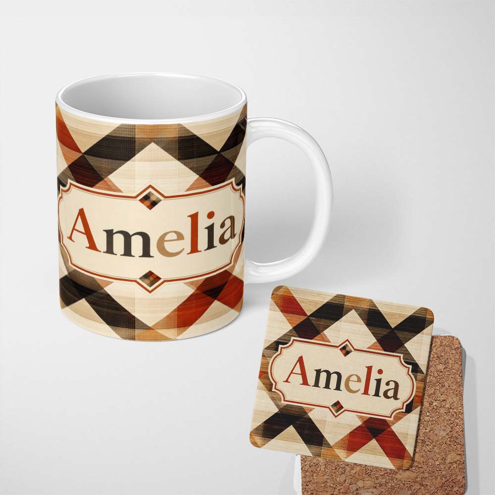 Personalized Custom Name Warm Earth Tone Geometric Diamond Pattern Seamless Name Cute Unique 11oz Ceramic Coffee Tea Mug White Large Handle