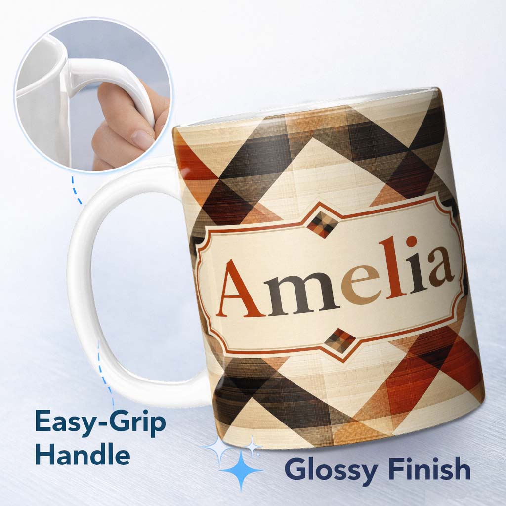 Personalized Custom Name Warm Earth Tone Geometric Diamond Pattern Seamless Name Cute Unique 11oz Ceramic Coffee Tea Mug White Large Handle