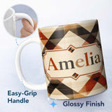 Personalized Custom Name Warm Earth Tone Geometric Diamond Pattern Seamless Name Cute Unique 11oz Ceramic Coffee Tea Mug White Large Handle
